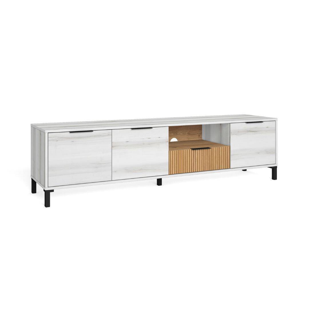 Mueble TV TOKIO de Estructura de Melamina con Acabado Albo/Rayado Natural y Patas de Metal Negras TR3373
