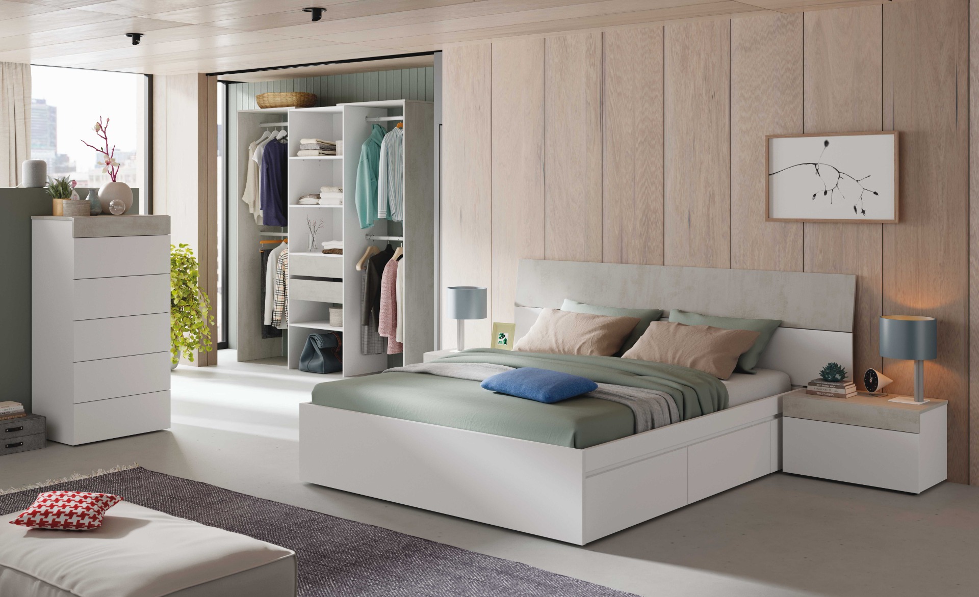 Conjunto de Dormitorio TEKKAN de Melamina de un Cabezal con 2 Mesitas 0L6096A