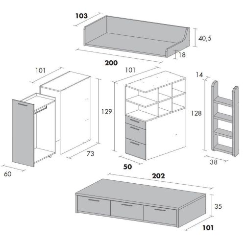 Dormitorio Juvenil ADAPT 43 CANELA/JAZMÍN con Estantería y 3 Cajones