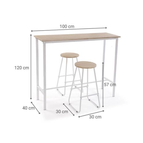 Mesa alta con 2 taburetes en acabado natural y estructura blanca CLARO 20880118