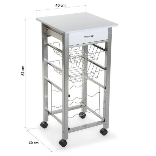 Carro de Cocina Auxiliar Blanco con Cajón Estantes Metálicos y Botellero 15810420