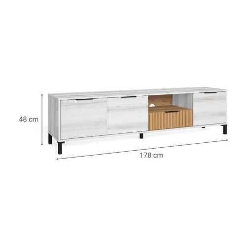 Mueble TV TOKIO Acabado Albo/Rayado Natural y Patas de Metal Negras