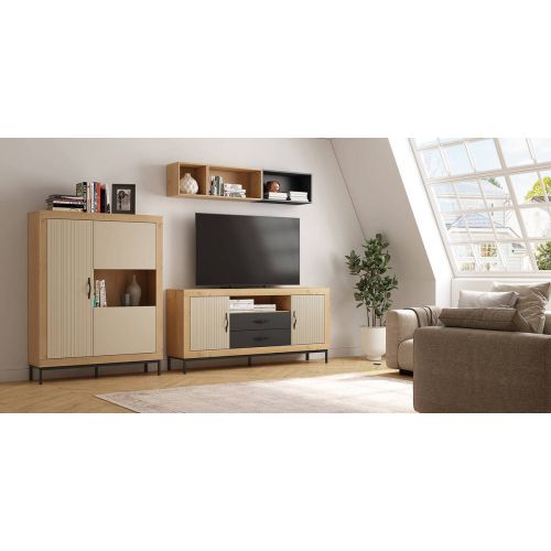 Composición de salón de Melamina MOON EVO Nº 28 en roble, Perla y Grafito