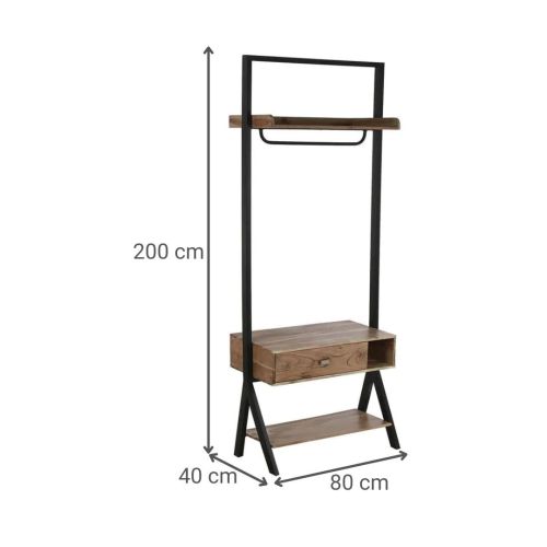 Recibidor de Madera Acacia-Metal 80x200 cm con Bandejas y 1 Cajón Natural-Negro MB-214722