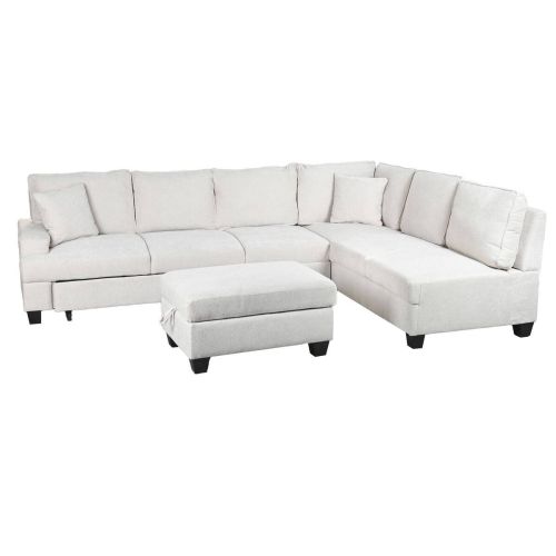 Sofá Cama Rinconera 285 cm MB-219482 en Poliéster Beige con Puff y Arcón