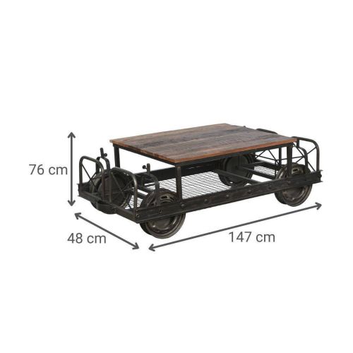 Mesa de Centro Industrial Estructura de Metal Negro y Madera Estilo Carro MB-208382