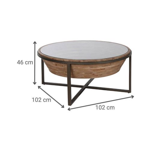Mesa de Centro Redonda Estructura de Madera de Abeto con Cristal y Metal Negro MB-212222