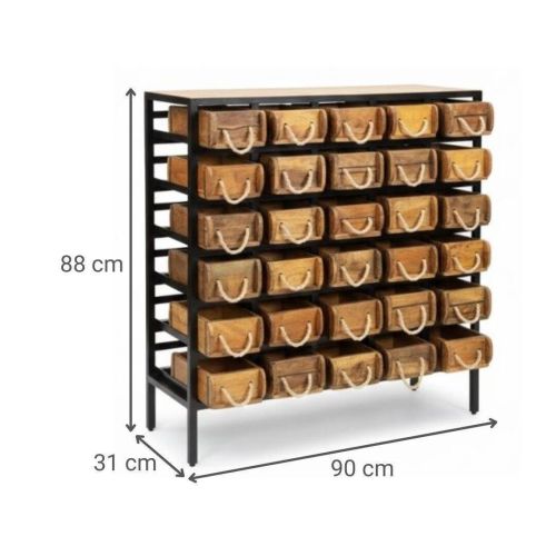 Cajonera Industrial 30 Cajones Estructura en Metal Negro y Madera 90 cm MB-227814