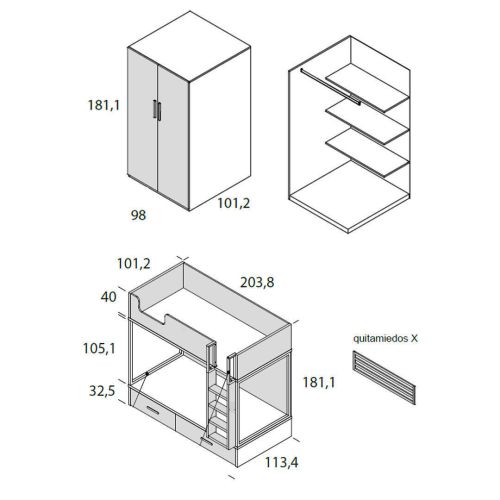 Dormitorio Juvenil DELULU 45 con Litera Reversible y 2 Cajones