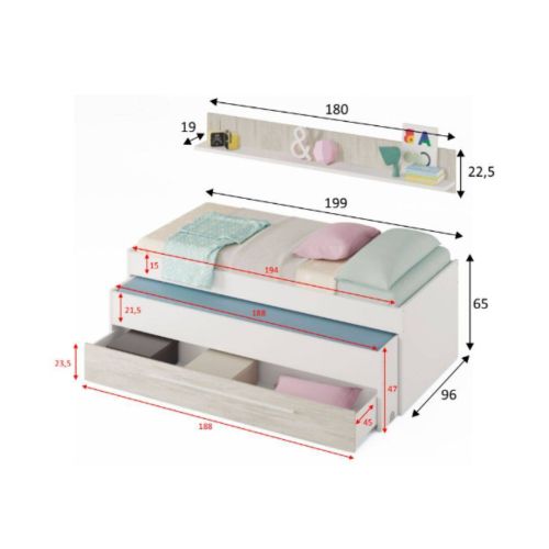Conjunto ELLIOT de Melamina de Cama doble con un cajón y un estante de colgar 0K7438A