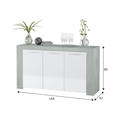 Aparador Artik de melamina color cemento y blanco con 3 puertas y 3 estantes interiores 016620L