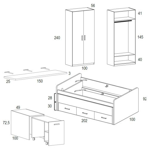 Dormitorio Juvenil WHYNOT 27 con Armario y Cama Compacta