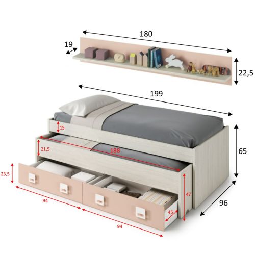 Conjunto de dormitorio NUBE de melamina de doble cama con dos cajones y estante 0M7449Y