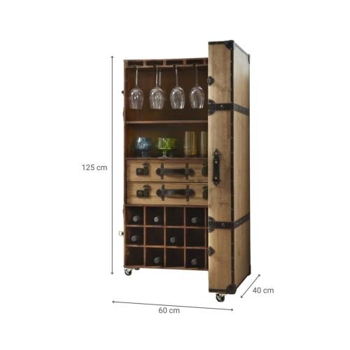 Mueble Bar Abatible de Madera Natural con Ruedas con Botelleros Estantes y 2 Cajones 33-70