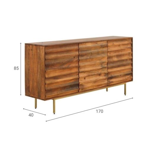 Aparador de 3 Puertas en Madera Maciza de Mango y Patas Metálicas Doradas GABAR 10705