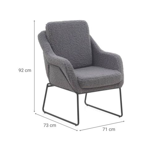Sillón tapizado en tejido bouclé color gris con patas metálicas negras GABAR 10779