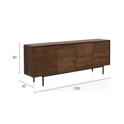 Aparador bajo de 4 puertas lisas de madera maciza de mango con patas de metal acabado natural GABAR 10821