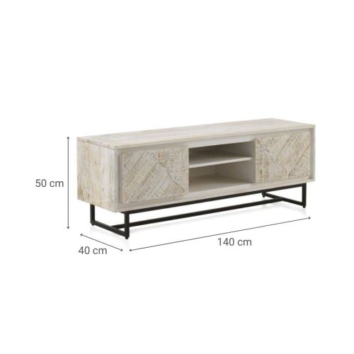 Mueble de TV de madera de mango en color blanco patinado y 2 puertas GABAR 10826