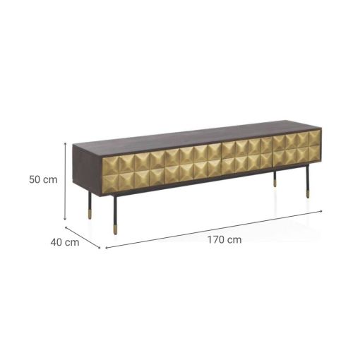 Mueble de TV 4 puertas de metal dorado y madera wengué GABAR 10837