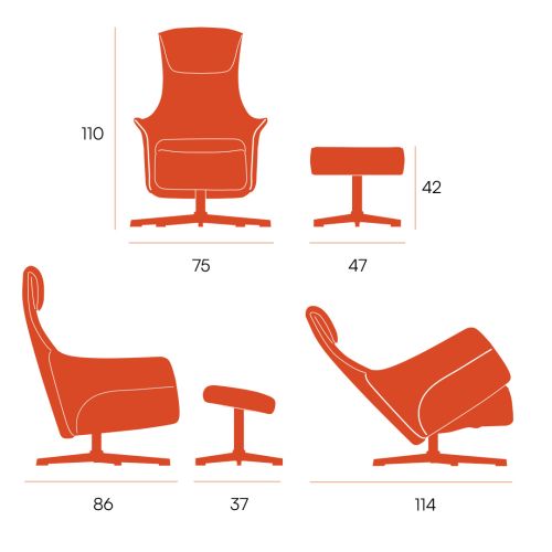 Butaca KIARA Giratoria 360 Relax Manual Tapizada en Tela con Ottoman a juego con Patas Metálicas Negras