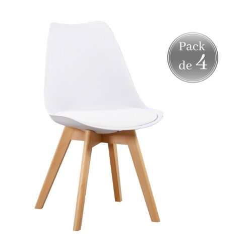 Pack de 4 Sillas de Comedor FINA de Color Blanco y Patas de Madera