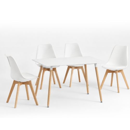 Pack Mesa Blanca Dinamarca y 4 Sillas de Cocina Diseño Nórdico