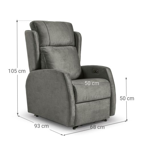 Sillón relax elevador modelo RIVER con ruedas tapizado en tela gris
