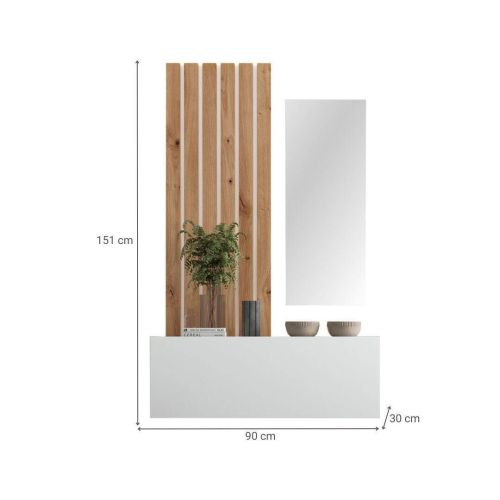Recibidor 90 cm de Melamina-Metal Color Artisan-Blanco con Espejo Nº 205