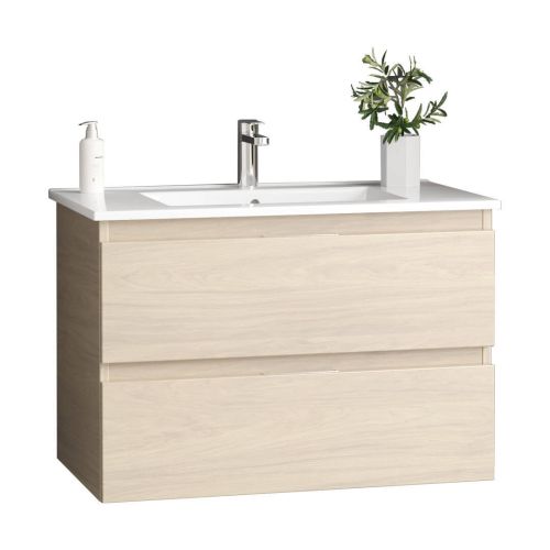 Mueble de lavabo suspendido con dos cajones en acabado madera clara