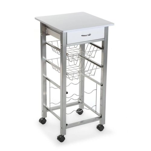 Carro de Cocina Auxiliar Blanco con Cajón Estantes Metálicos y Botellero 15810420