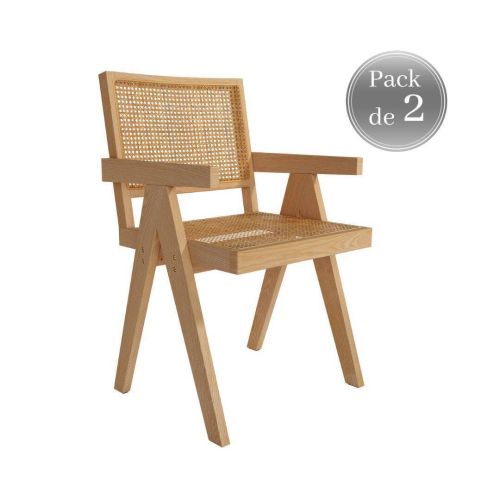 Conjunto de Dos Sillas ENEA con Asiento de Ratán Natural y Estructura de Madera de Fresno con brazos CG1930FR