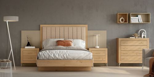 Juego de Dormitorio de Melamina JORDAN EVO Nº 31 Color Roble, Perla y Tapizado Tierra