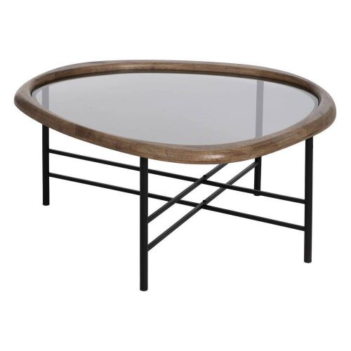 Mesa de Centro de Hierro, Cristal y Madera de Caucho Color Natural-Negro 76x81x38 cm 611367