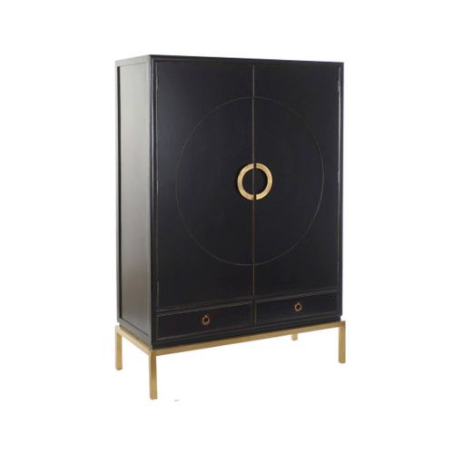 Armario de Madera de Alamo Negro de 2 Puertas y 2 Cajones y Patas de Metal Color Doradas MB-162827