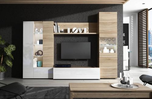 Salón modular roble canadian y blanco brillo, con modulo bajo de TV, vitrinas y estante para colgar 016642F