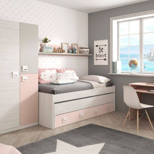Conjunto de dormitorio NUBE de melamina de doble cama con dos cajones y estante 0M7449Y