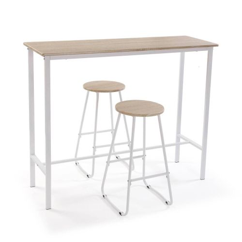Mesa alta con 2 taburetes en acabado natural y estructura blanca CLARO 20880118