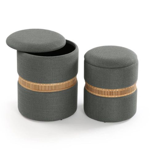 Conjunto de 2 Puff Almacenaje Gris Oscuro con Tapa Acolchada y Anillo de Bambú 22050078