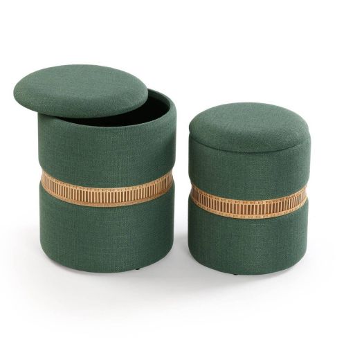 Conjunto de 2 Puff Almacenaje Verde con Tapa Acolchada y Anillo de Bambú 22050077