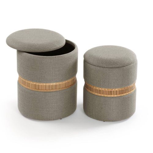 Conjunto de 2 Puff Almacenaje Gris con Tapa Acolchada y Anillo de Bambú 22050076