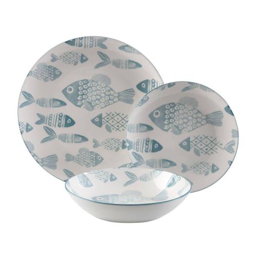 Vajilla de Mesa 18 Piezas Peces Porcelana Azul 22990001