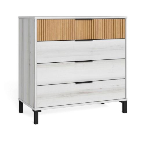 Cómoda de 4 Cajones ARLÉS de Estructura de Melamina con Acabado Albo/Rayado Natural y Patas de Metal Negras TR3665