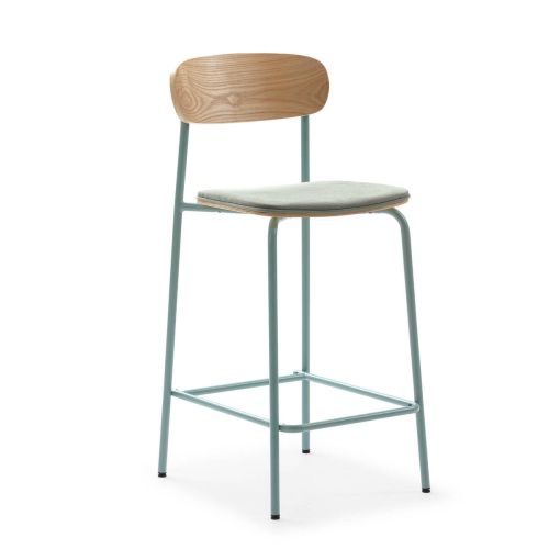 Taburete Alto ADRIANA con Respaldo Laminado y Asiento de Tela