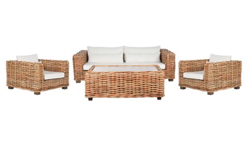Conjunto de Jardín de 1 Sofá 2 Sillones y 1 Mesa de Centro de Ratán Natural MB-213832