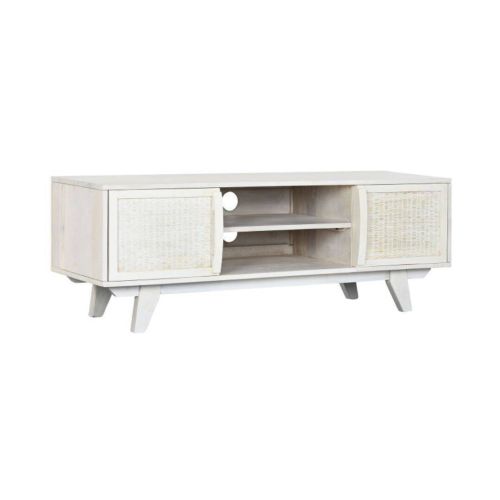 Mueble de TV de Madera de Mango y Ratán Color Blanco Roto MB-215068