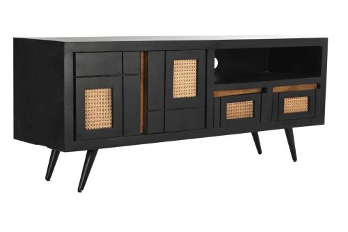 Mueble de TV Negro con Ratán y Madera de Mango MB-194539