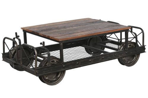 Mesa de Centro Industrial Estructura de Metal Negro y Madera Estilo Carro MB-208382