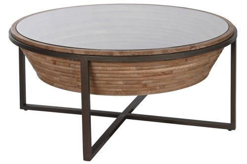 Mesa de Centro Redonda Estructura de Madera de Abeto con Cristal y Metal Negro MB-212222