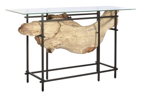 Consola Estructura en Teca Natural con Cristal y Metal Negro MB-217892