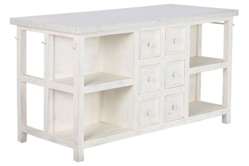 Isla de Cocina Estructura de Madera con Encimera de Mármol y Estantes Blanco MB-224036
